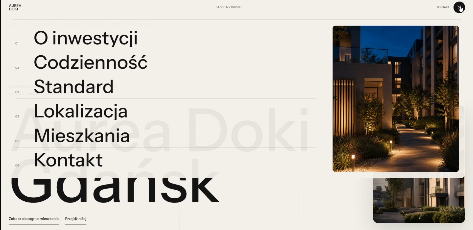 Menu i fotografia architektury w projekcie Aurea Doki