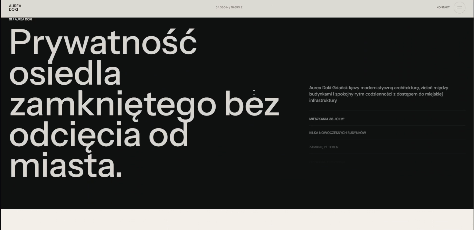 Ciemna sekcja typograficzna projektu Aurea Doki